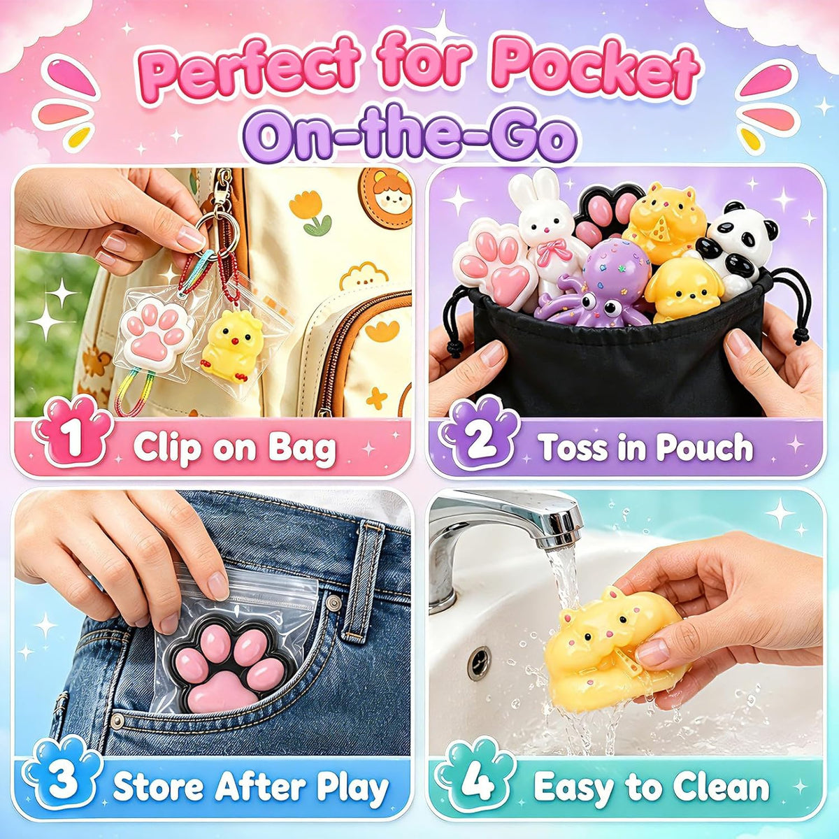 20 Pack Taba Squishy Toys,8 Large Squishies with 12 Mini Keychain Squishies,Cute Animal & Paw Stress Relief Squeeze Toys for Kids,Party Favors Goodie Bag Stuffers Birthday Gifts with Carry Bag