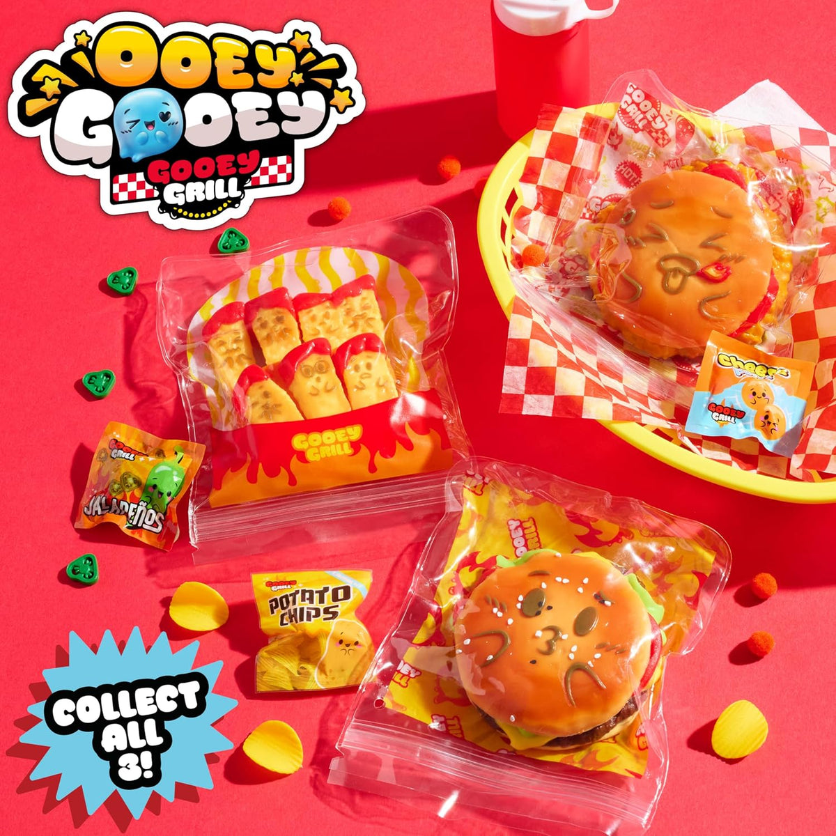 Ooey Gooey Gooey Grill Smooosh Burger Set with Toppings, Super Soft and Squishy Play Food, Fidget and Sensory Toy for Kids, Girls, Boys, Ages 3 and Up