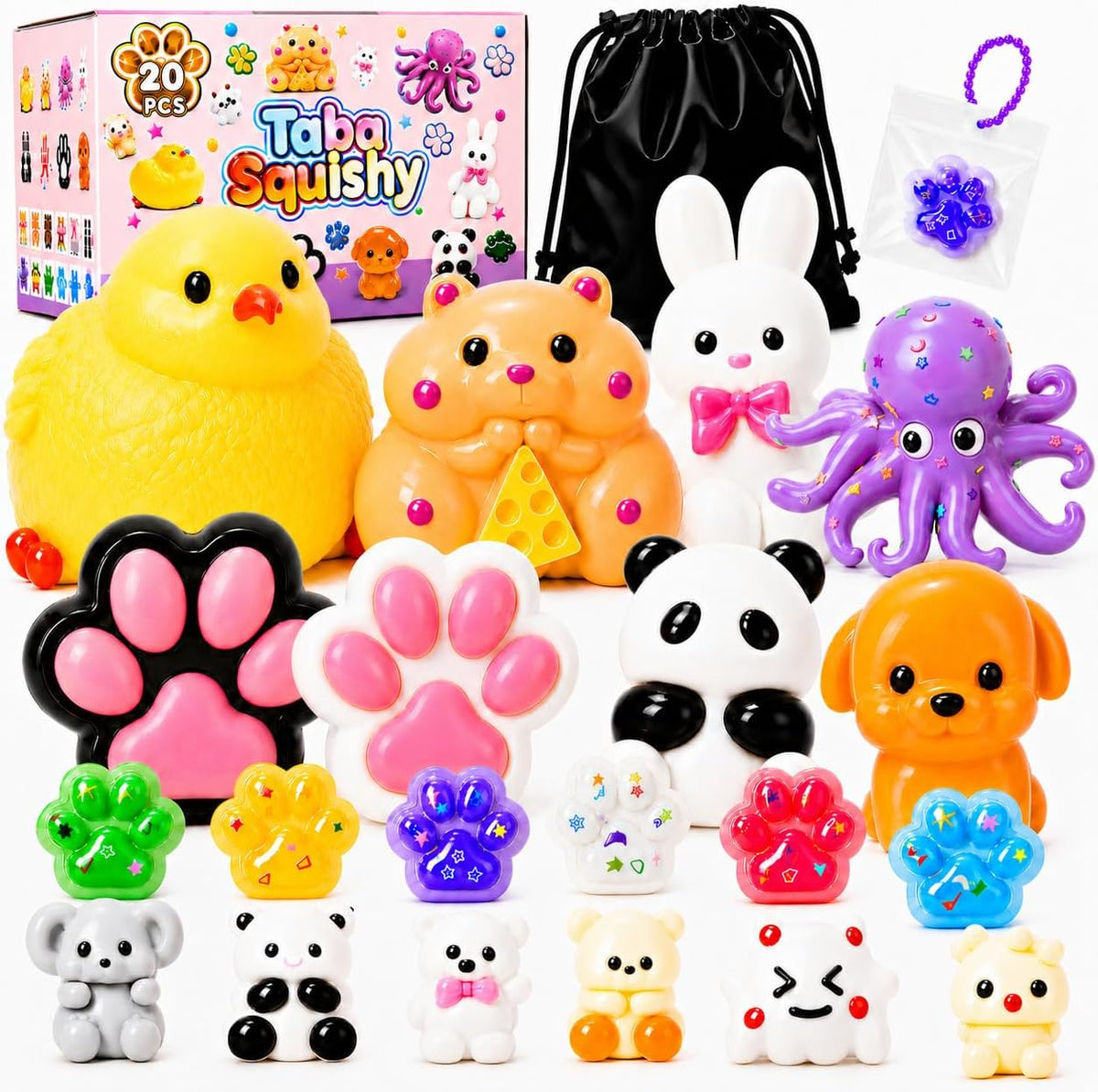 20 Pack Taba Squishy Toys,8 Large Squishies with 12 Mini Keychain Squishies,Cute Animal & Paw Stress Relief Squeeze Toys for Kids,Party Favors Goodie Bag Stuffers Birthday Gifts with Carry Bag
