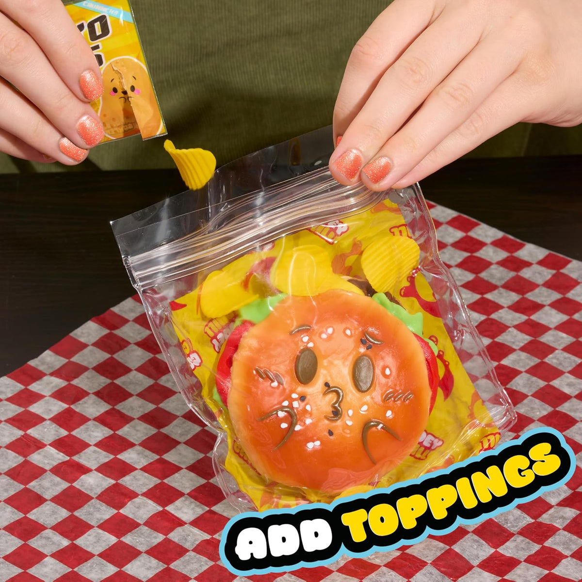 Ooey Gooey Gooey Grill Smooosh Burger Set with Toppings, Super Soft and Squishy Play Food, Fidget and Sensory Toy for Kids, Girls, Boys, Ages 3 and Up