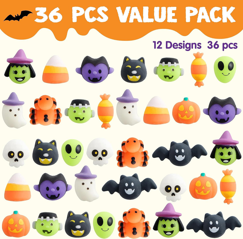 36 Pcs Halloween Mochi Squishy Toy in Blind Bags with 12 Characters for Stress Relief, Halloween Mystery Toy Surprise Bag for Kids Trick or Treating, Party Favors Supplies, Goodie Fillers