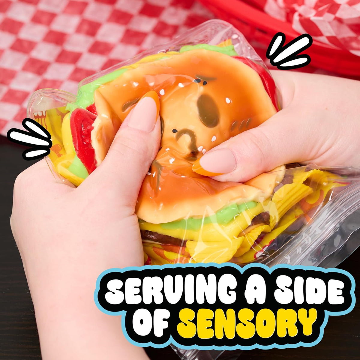 Ooey Gooey Gooey Grill Smooosh Burger Set with Toppings, Super Soft and Squishy Play Food, Fidget and Sensory Toy for Kids, Girls, Boys, Ages 3 and Up