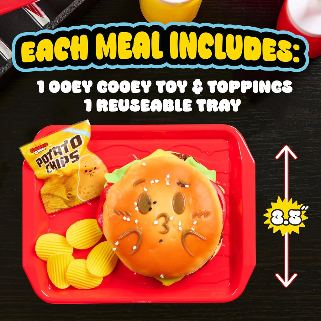 Ooey Gooey Gooey Grill Smooosh Burger Set with Toppings, Super Soft and Squishy Play Food, Fidget and Sensory Toy for Kids, Girls, Boys, Ages 3 and Up