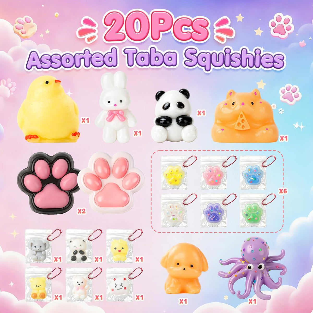 20 Pack Taba Squishy Toys,8 Large Squishies with 12 Mini Keychain Squishies,Cute Animal & Paw Stress Relief Squeeze Toys for Kids,Party Favors Goodie Bag Stuffers Birthday Gifts with Carry Bag