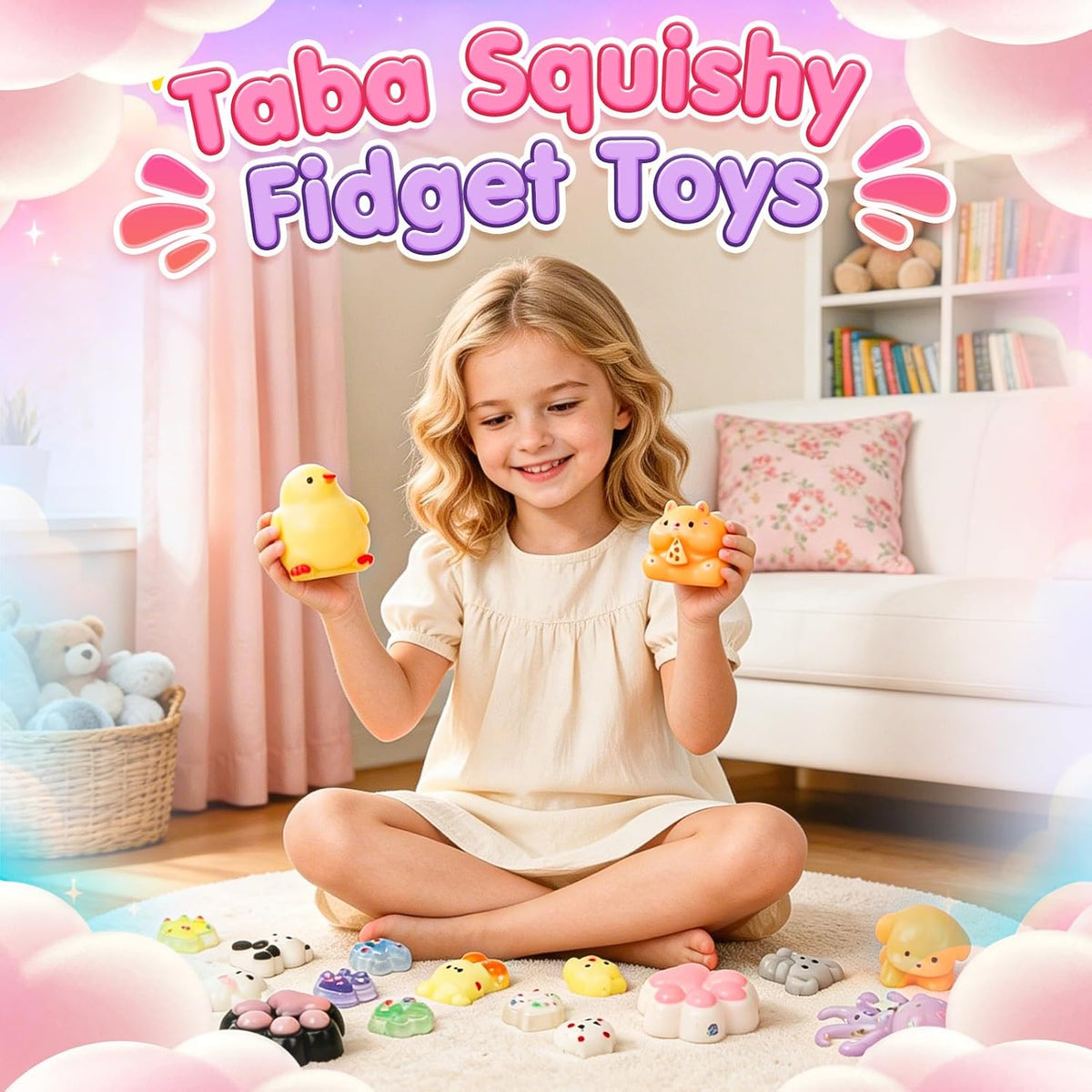 20 Pack Taba Squishy Toys,8 Large Squishies with 12 Mini Keychain Squishies,Cute Animal & Paw Stress Relief Squeeze Toys for Kids,Party Favors Goodie Bag Stuffers Birthday Gifts with Carry Bag