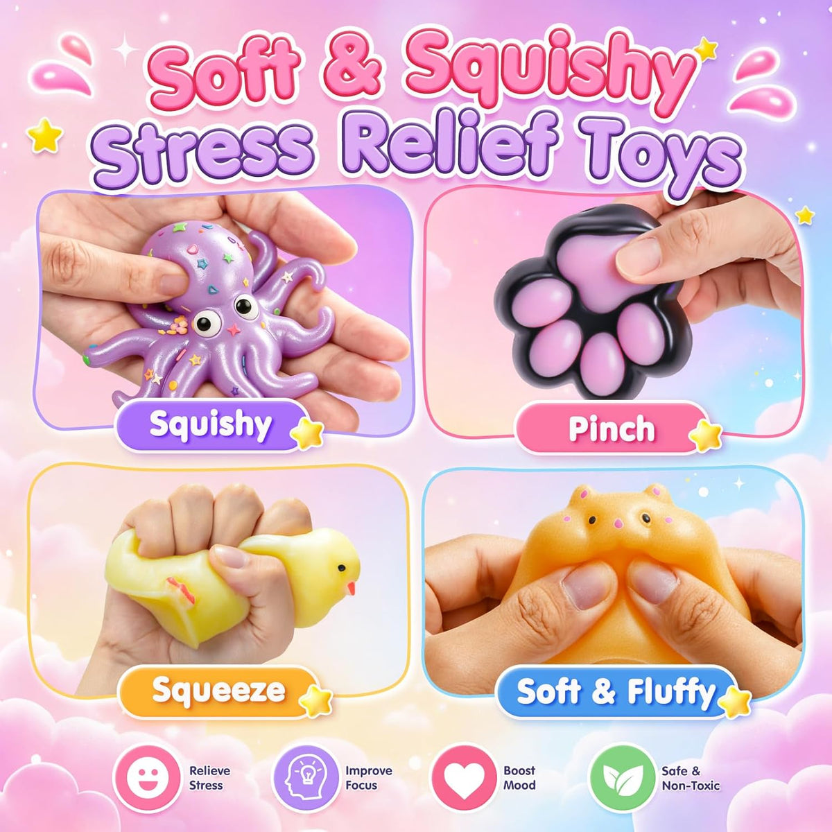 20 Pack Taba Squishy Toys,8 Large Squishies with 12 Mini Keychain Squishies,Cute Animal & Paw Stress Relief Squeeze Toys for Kids,Party Favors Goodie Bag Stuffers Birthday Gifts with Carry Bag
