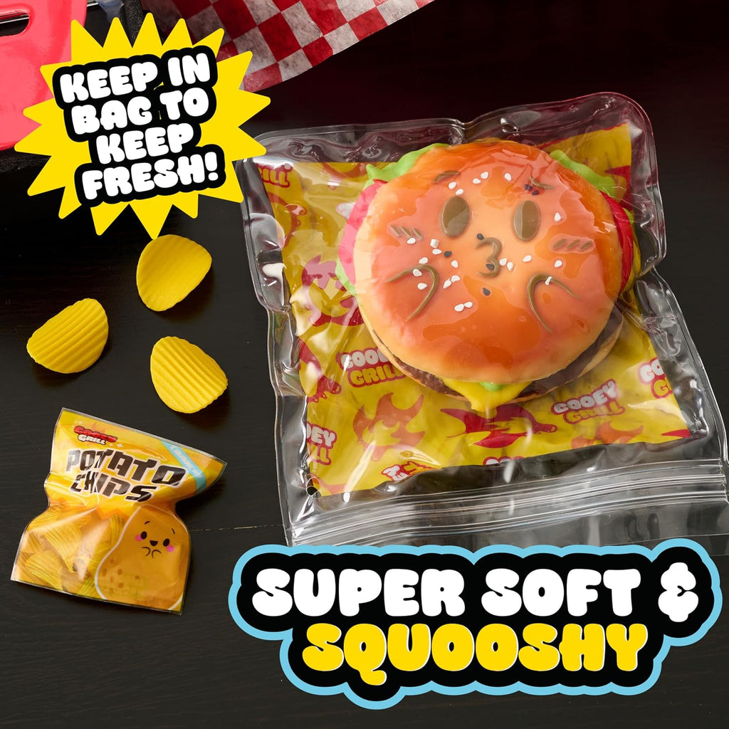 Ooey Gooey Gooey Grill Smooosh Burger Set with Toppings, Super Soft and Squishy Play Food, Fidget and Sensory Toy for Kids, Girls, Boys, Ages 3 and Up